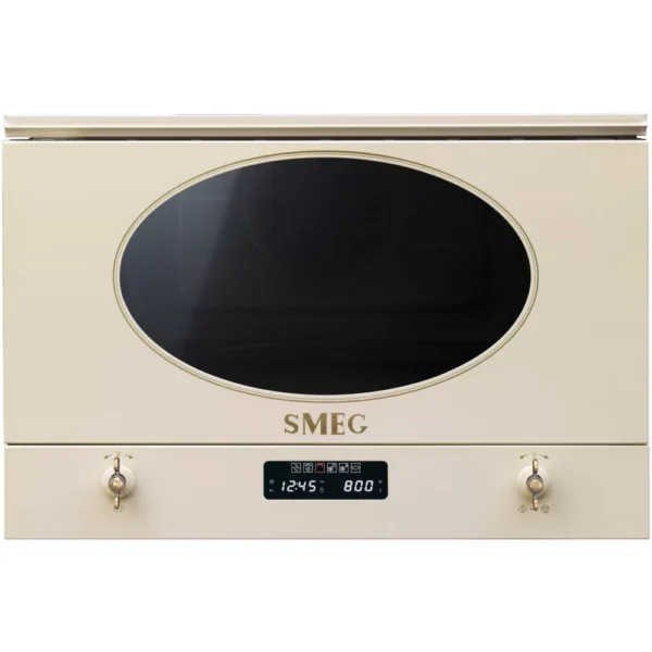 Choisir ce produit pour quel usage ? Installation : encastrable Idéal pour : réchauffer et décongeler Volume : 22 L Adapté pour : plat lasagnes Cuisiner avec la fonction four Maintien au chaud : Non Fonctions du micro ondes Grill : Oui Puissance du grill : 1.250 W Décongélation : manuelle et automatique, permet d’adapter automatiquement la durée en indiquant le type et le poids des aliments Puissance du micro ondes : 850 W Le saviez vous ? : Il faut différentes puissances selon le plat Nettoyage / entretien Matière de la cavité : inox, est une matière résistante avec une longue durée de vie Nettoyage : manuel, peut être simplifié avec un bol d’eau et un jus de citron chauffé au micro ondes pour ramollir les résidus Equipement et confort d’utilisation Aménagement intérieur : sans plateau, permet de réchauffer tous types de plats de façon homogène grâce au revêtement de la cuve Diamètre du plateau : sans plateau Type de commande : boutons Affichage de l’heure : Oui Sécurité enfant : Oui Rappel sonore de fin de cuisson : Oui Le saviez vous ? : Certaines matières ne sont pas conseillées au micro-ondes : matières métalliques, plastique non compatible, la terre cuite ou encore le cristal Connecté : Non Finition et design Type d’ouverture : latérale avec bouton Couleur : Crème Couleur d’affichage : Blanc Eclairage intérieur : Oui Dimensions L x H x P : 59.5 x 39 x 33.4 cm Dimensions d’encastrement l x h x p : 56.8 x 36.5 x 32 cm Poids net : 22,0 kg Hauteur niche d’encastrement : Micro ondes hauteur 38 cm Le saviez vous ? : Prenez soin de laisser un espace minimum de 10cm à l’arrière de l’appareil et de 20cm au dessus pour éviter la surchauffe Informations complémentaires Fabriqué en : Portugal Disponibilité des pièces détachées (données fournisseur) : Pendant 10 ans, à compter de la date d’achat Le saviez vous ? : Selon la norme NFC 15-100, le micro ondes doit être branché sur une prise indépendante de 20A Micro-ondes encastrable SMEG MP822PO : l’alliance de l’élégance et de la performance Design et intégration parfaite Le micro-ondes SMEG MP822PO, avec son volume net de 22 litres, est conçu pour s’intégrer harmonieusement dans les meubles hauts de votre cuisine grâce à son esthétique encastrable. Doté d’une alimentation électrique et de commandes électroniques intuitives, ce modèle arbore des manettes de commande de style colonial en couleur crème, offrant une touche d’élégance et de raffinement. La présence de deux manettes et d’un afficheur LED contribue à une expérience utilisateur à la fois moderne et conviviale, tout en facilitant l’accès aux 6 fonctions programmables, dont le gril fort et la fonction pizza spécialement conçue pour une cuisson optimale. Technologie avancée et fonctionnalités pratiques Le SMEG MP822PO est équipé de la technologie de pointe nécessaire pour une cuisson précise et rapide. Avec une puissance de 850 W en micro-ondes et de 1250 W pour le gril, il assure une cuisson uniforme grâce à sa base en céramique sans plateau tournant. Les options de décongélation selon le temps ou le poids, le mode Expo, et la sécurité enfant avec verrouillage des commandes sont des atouts majeurs pour une utilisation quotidienne en toute sérénité.